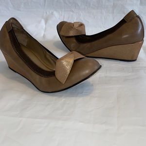 Anyi Lu Italy ballet wedge heels linen bow taupe bronze 39.5 or 9.5